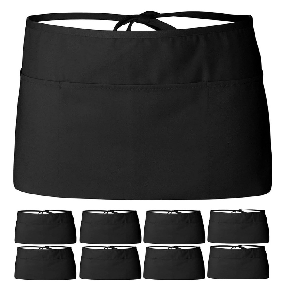 12 Pack- Wealuxe Solid Black‎ Premium Professional Waist Apron 3 Pockets